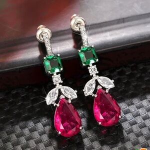 Elegant Green and Red Drop Earrings. Luxury Christmas Party earrings